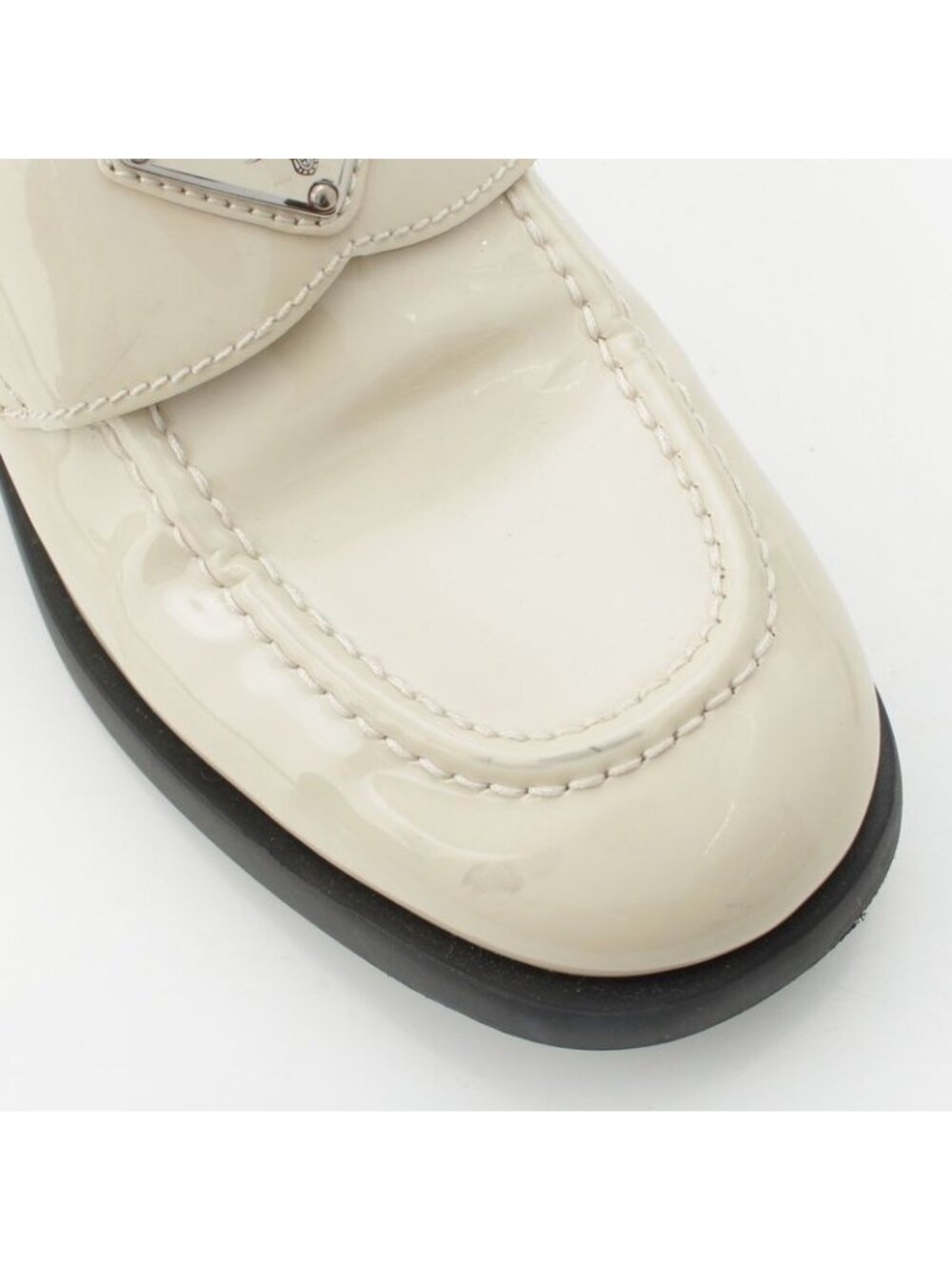 Prada Patent Leather Triangle Logo Chocolate Brushed Loafers Off White 37 - Picture 6 of 10